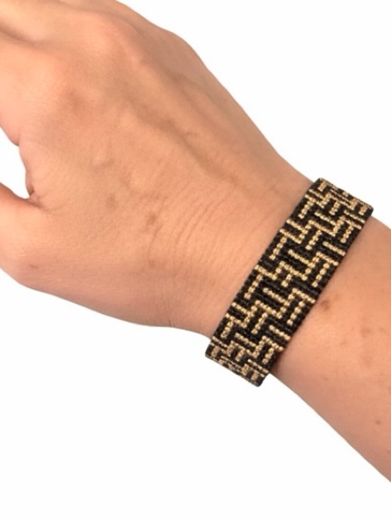 Hand Crafted Jewelry - Black Gold Art Deco Beaded Bracelet | Geometric Loom Cuff | CZ Clasp